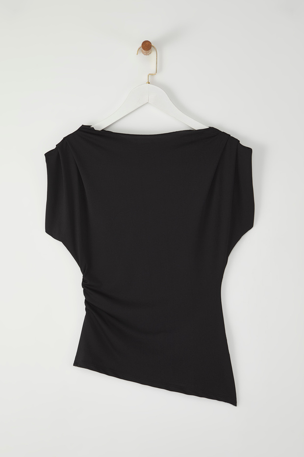 Siyah Drapeli Vatkalı Fitted/Vücuda Oturan Esnek Örme Bluz TWOSS25BZ00174 - 5
