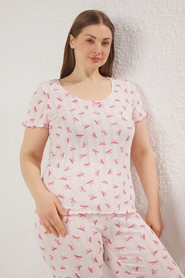 Rosafarbenes, durchbrochenes, gestricktes Pyjama-Set mit Schleifenmuster - 2
