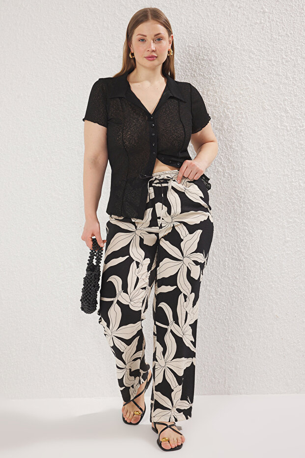 Çok Renkli Desenli Wide Leg Dokuma Büyük Beden Pantolon TBBSS25AR00040 - 3