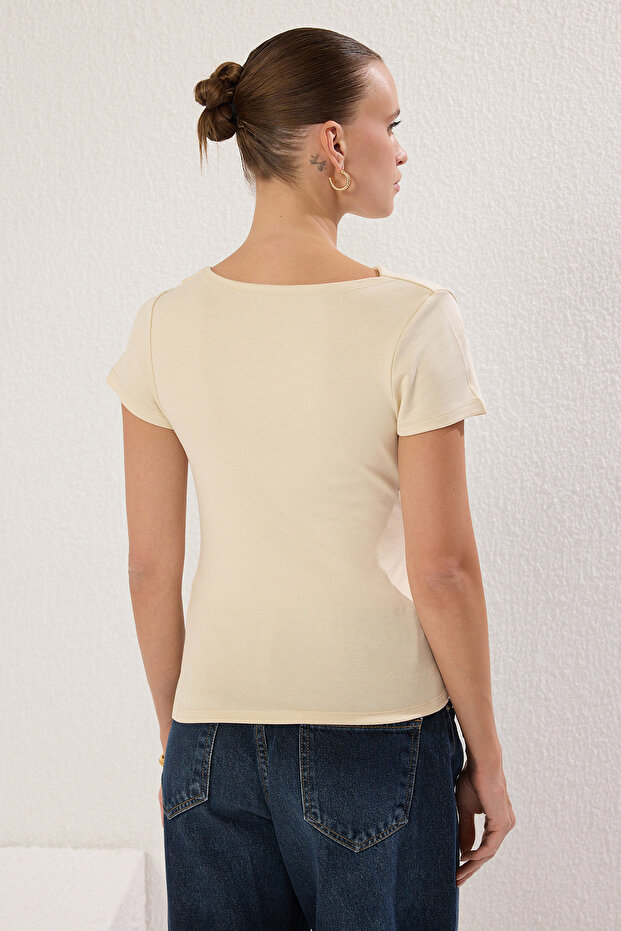 Taş Büzgü/Drape Detaylı Fitted/Vücuda Oturan Örme Bluz TWOSS25BZ00278 - 4