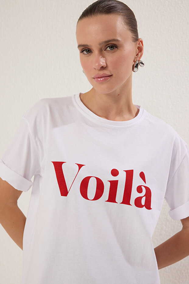 Ekru %100 Pamuk Slogan Baskılı Oversize/Geniş Kesim Örme T-Shirt TWOSS25TS00179 - 1