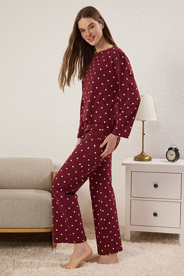 Bordo %100 Pamuklu Puantiye ve Kalpli Örme Pijama Takımı THMAW25PT00039 - 2