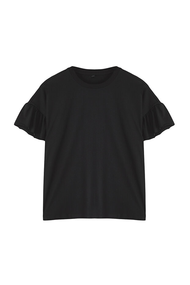 Siyah %100 Pamuk Fırfır Detaylı Basic Bisiklet Yaka Örme T-Shirt TWOSS22TS2429 - 11