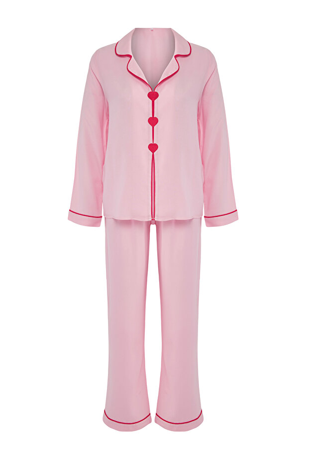 Pembe Kalp Nakışlı Biyeli Viskon Dokuma Pijama Takımı THMAW25PT00179 - 6