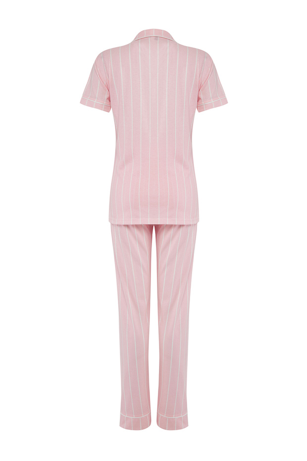 Pembe Çizgili Biye Detaylı Uyku Bantlı Örme Pijama Takımı THMSS21PT1225 - 10