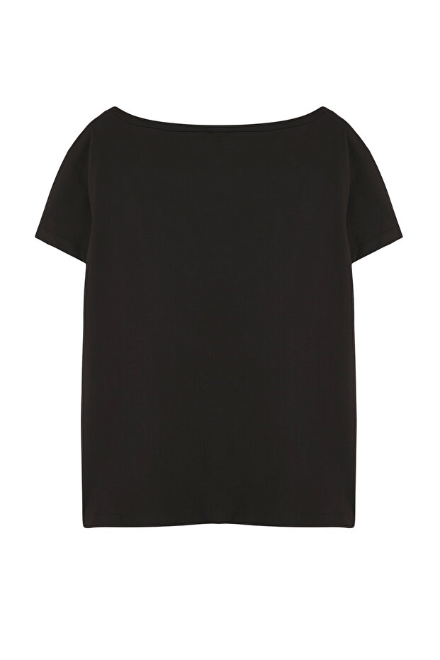 Siyah %100 Pamuk Oversize/Geniş Kalıp Kayık Yaka Örme T-Shirt TWOSS20TS0140 - 9