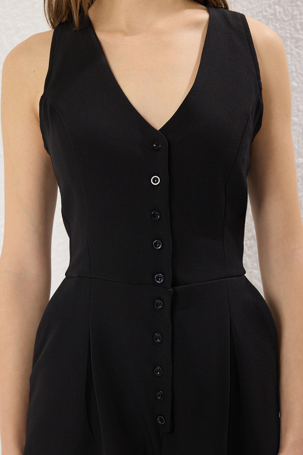 Siyah Geniş Paça Düğmeli Mini Dokuma Tulum TWOSS25TU00011 - 3