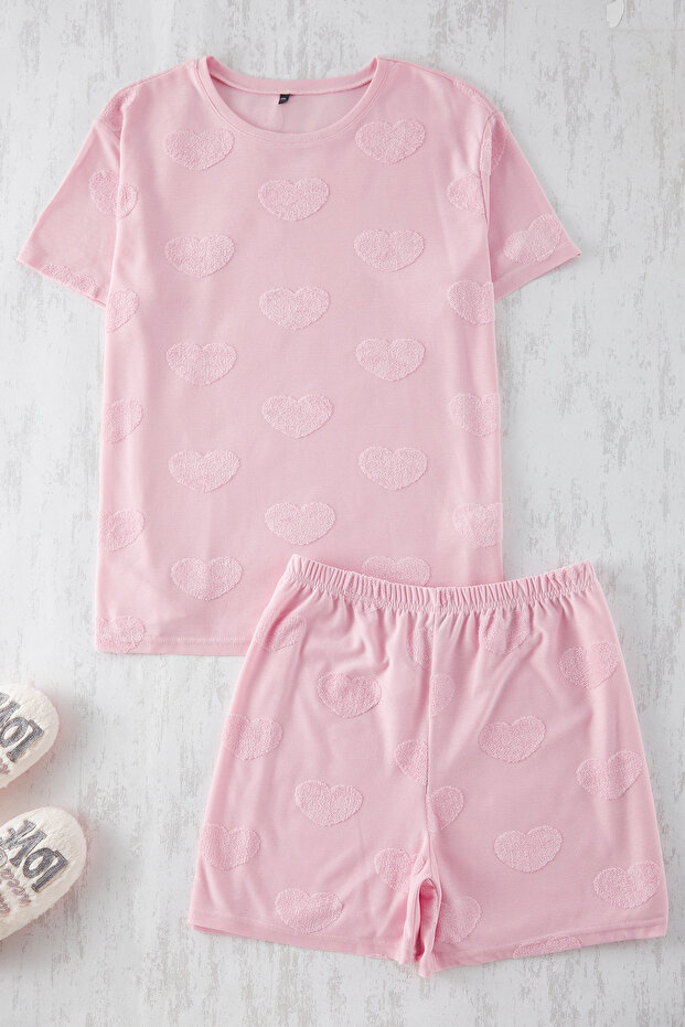 Pembe Kalp Desenli Dokulu Örme Pijama Takımı TBBSS25AI00085 - 2