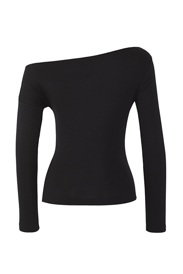 Siyah Düz Yumuşak Kumaşlı Fitted/Vücuda Oturan Kayık Yaka Örme Bluz TWOAW24BZ00227 - 8