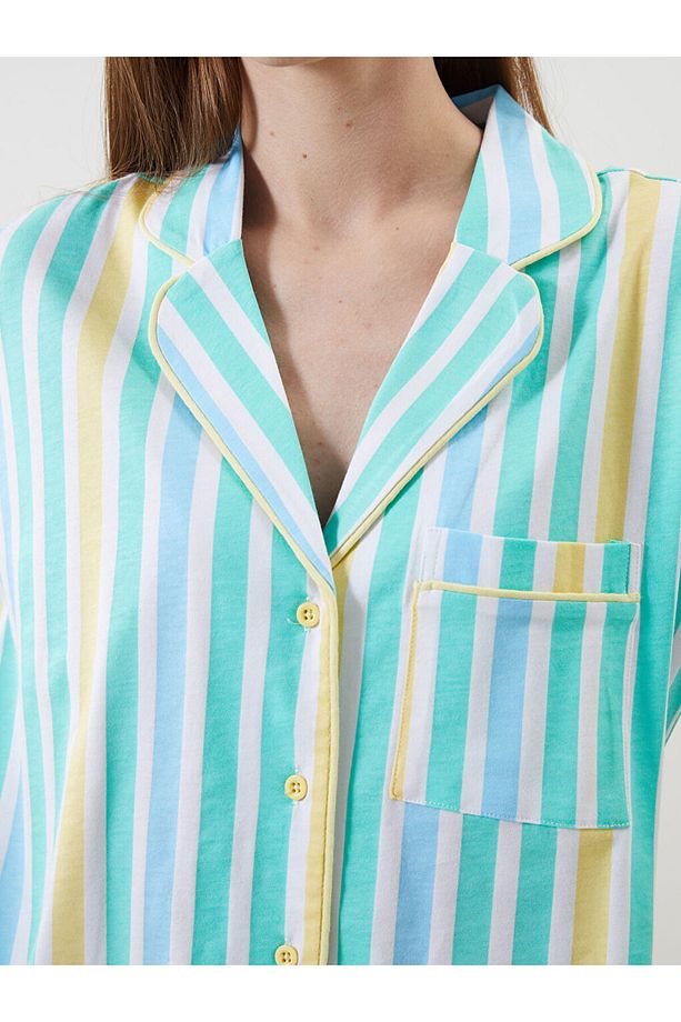 LCW DREAM Sarı Gömlek Yaka Çizgili Kadın Şortlu Pijama Takımı - 3