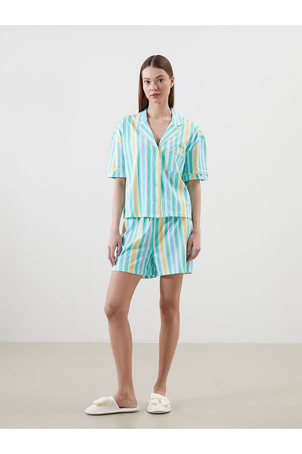 LCW DREAM Sarı Gömlek Yaka Çizgili Kadın Şortlu Pijama Takımı - 1