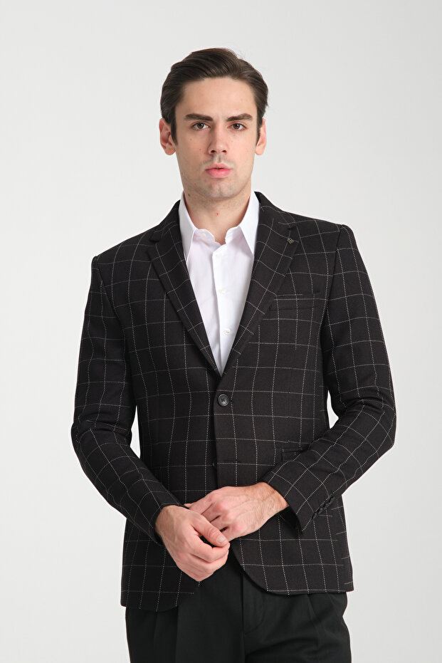 Paridee Men's Black Plaid Oversize Oversize Mono Collar Slim Fit Blazer Sports Jacket