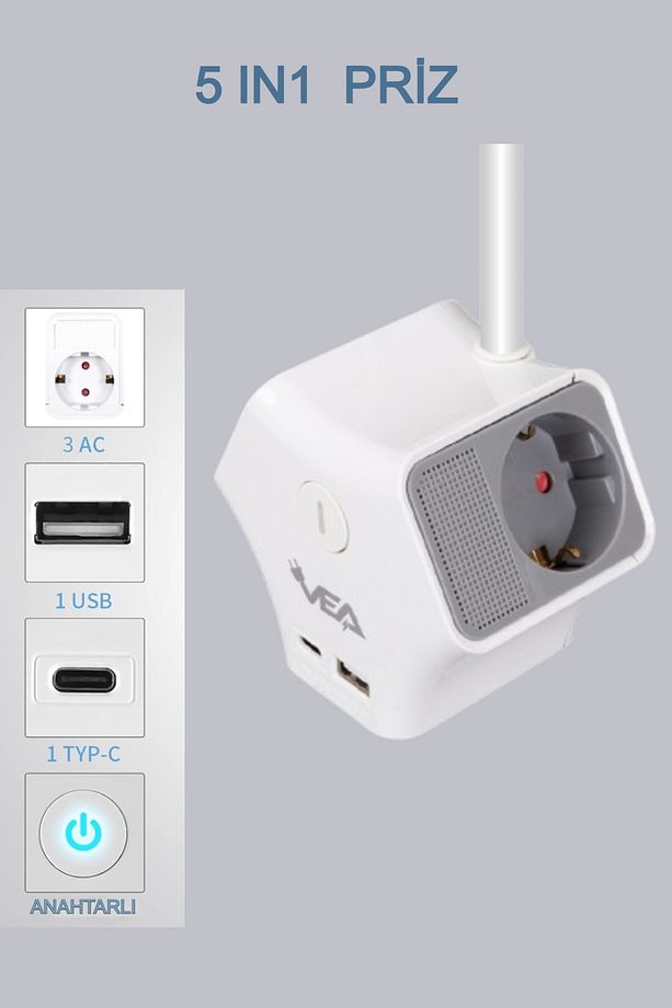 3'lü Grup Priz 3 Priz 1 USB 1 Type-c Anahtarlı Çocuk Emniyetli Dönebilen Duvar Monte Aparatlı 1.5 M - 1