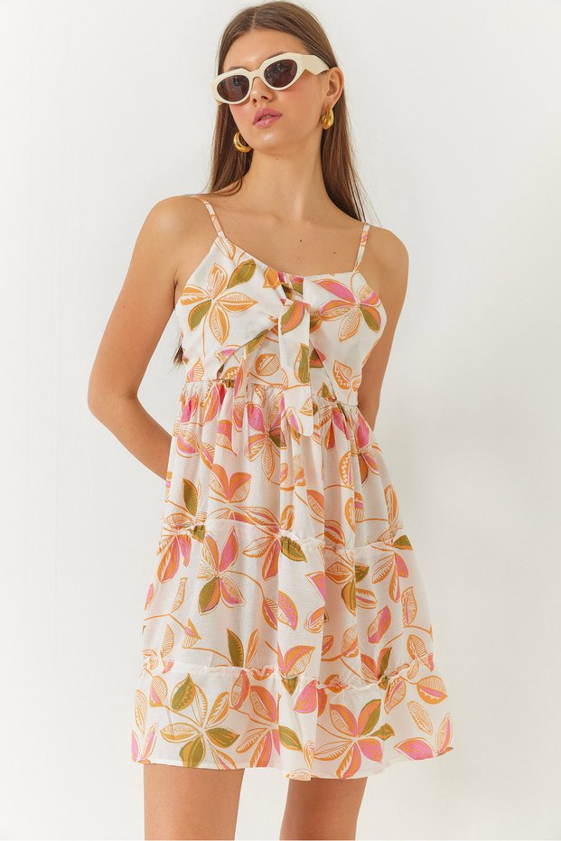 Women's White Orange Rope Strap Skirt Layered Tie Detailed Patterned Dress 60261409