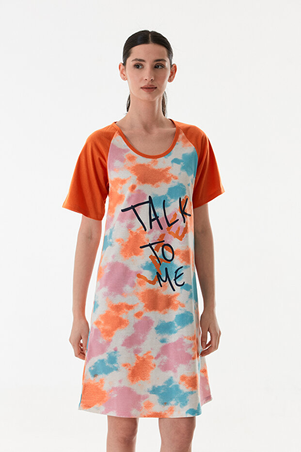 Women's Tie Dye Printed Half Sleeve Dress Nightgown Cotton Fabric