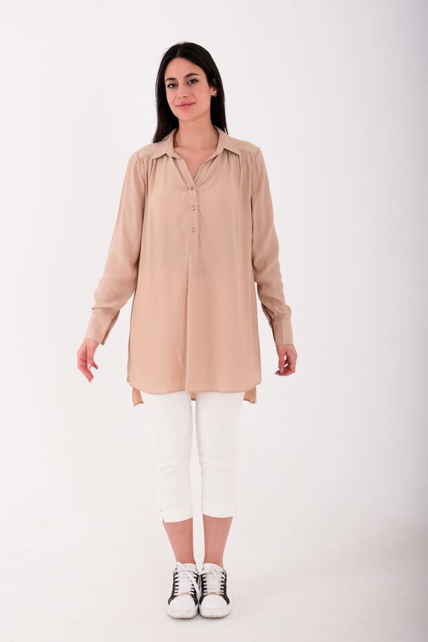 Women's Long Shirt with Pleated Collar and Side Slits - Beige