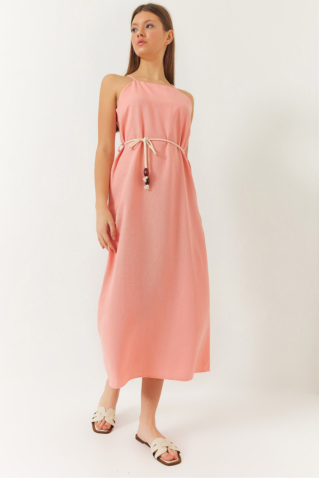 Women's Salmon Halter Neck Belt Detailed Linen Dress 60261422