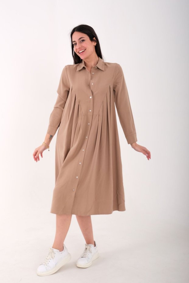 Women's Wide Cut Dress with Pleats on the Sides - Brown