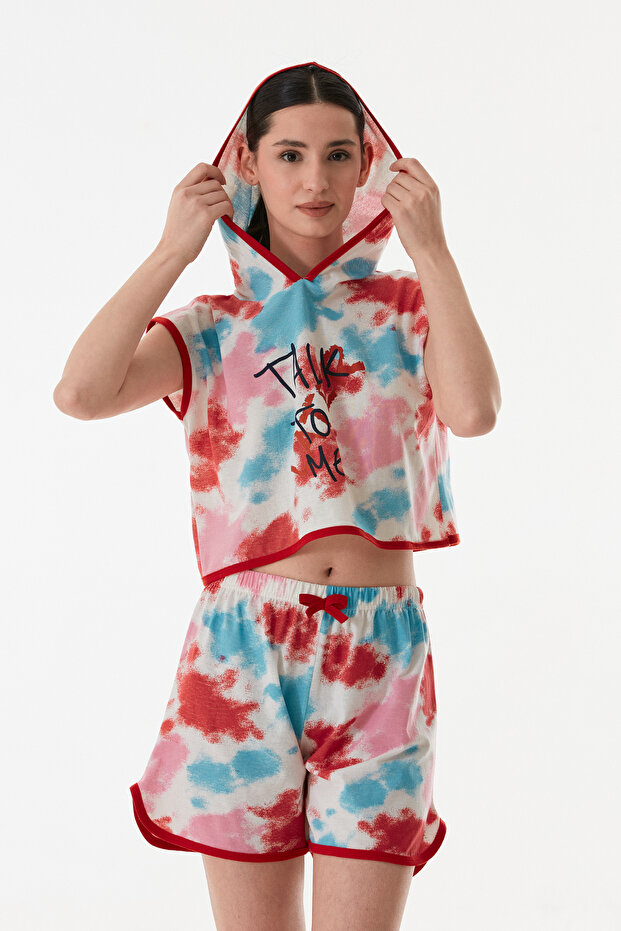 Women's Hooded Shorts Summer Printed Combed Cotton Pajama Set