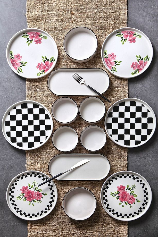 14 Parça 6 Kişilik Stackable Daci Damalı Kahvaltı Takımı - Lüx Kahvaltılık Sunum Seti... - 1