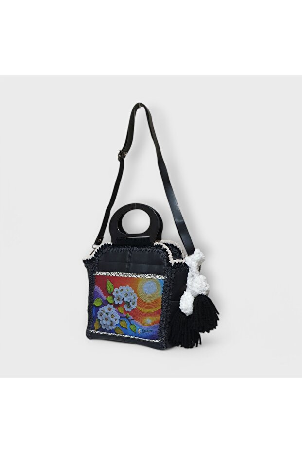 Crochet Knitted Detailed Leather Shoulder Bag, Handmade Special Design Tote Bag