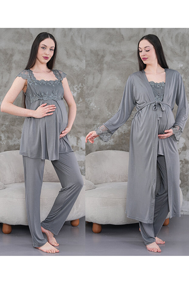 Women's Smoked Lace Summer Special Design Cotton Maternity Maternity Dressing Gown Pajama Set Set