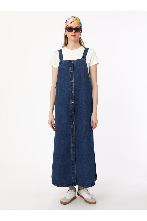 Pamuklu Denim Jile Elbise - Mavi - - 4