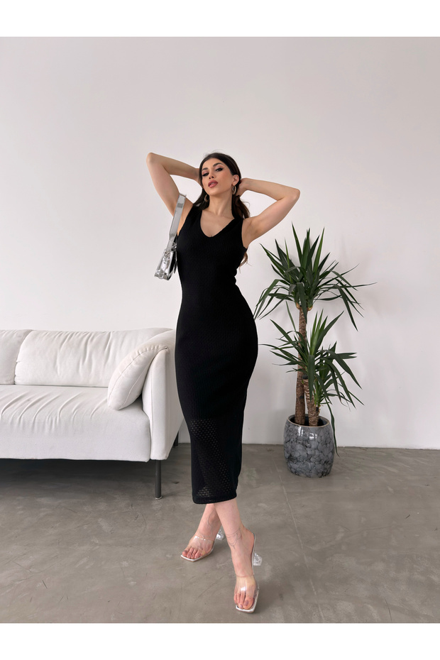 Women's V-Neck Back Tie Detailed Slit Lined Midi Dress Black