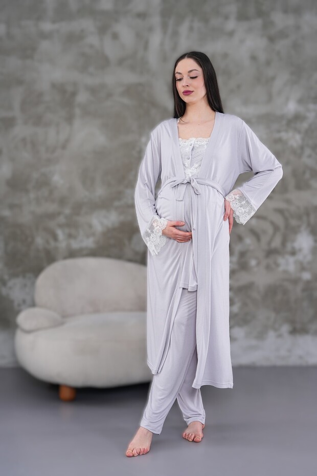 Women's Lilac Lace Cotton Maternity Dressing Gown 3-Piece Pajama Set