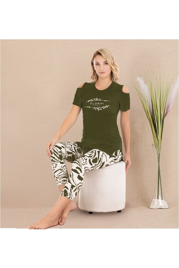 Women's Pajama Set with Short Sleeve Shoulder Detail Capri Leggings