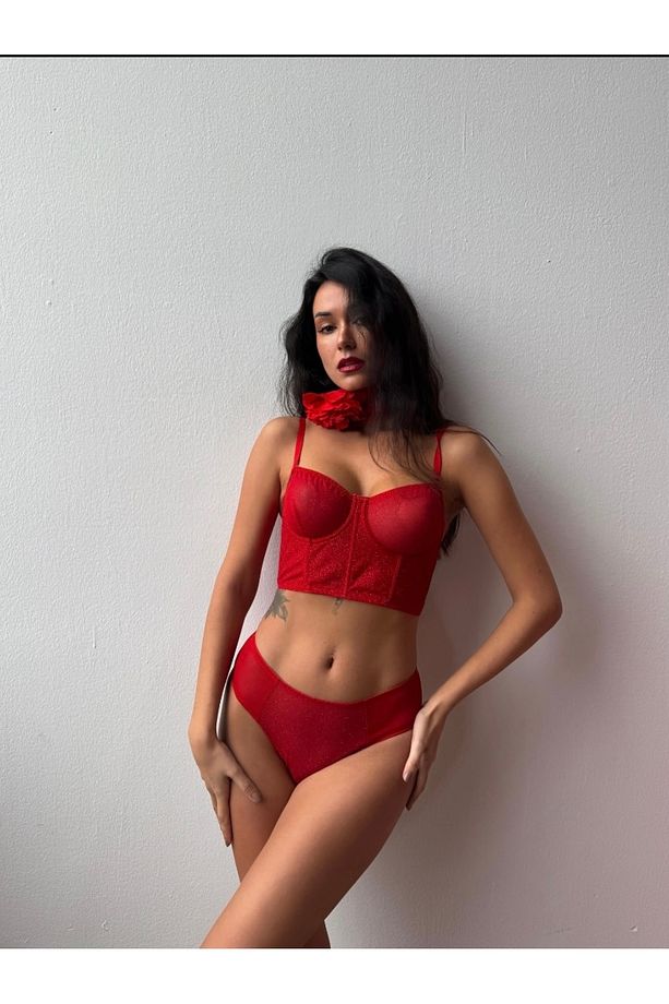 Simli Bralet Alt Üst Kırmızı Büstiyer Takım - 1