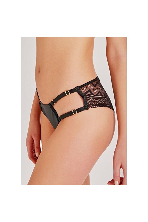 748 Deri Zigzag Dantelli Külot - Siyah - 3