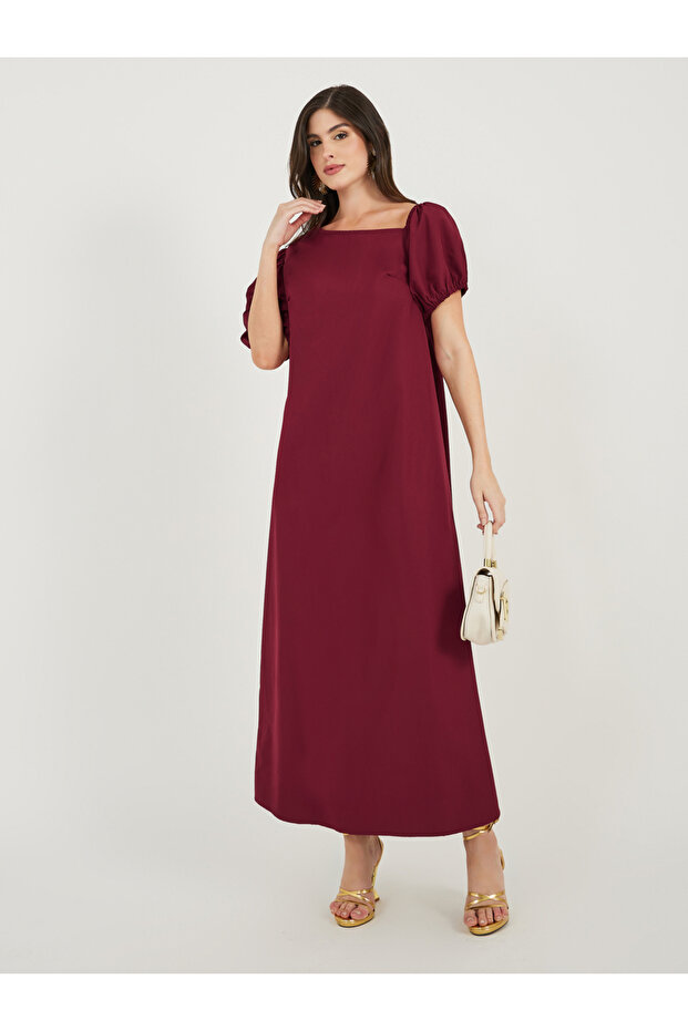 Asymmetric Neck Puff Sleeve Shift Maxi Dress