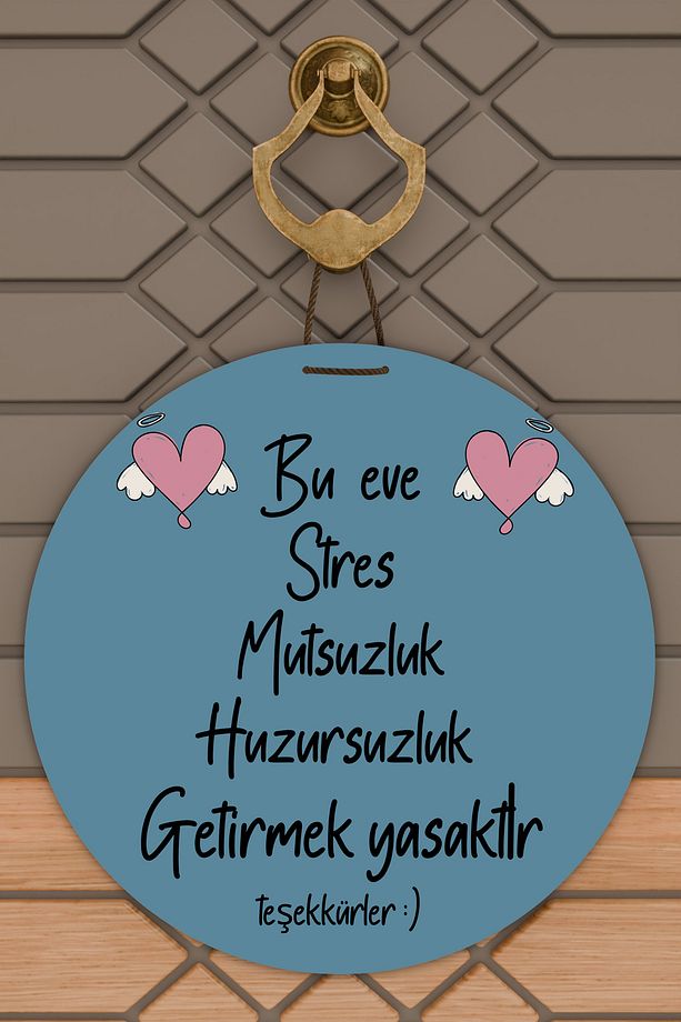 Modern Ahşap Kapı Süsü - Mavi Zemin Bu Ev Stres Yasak Duvar Süsü - Dış Mekan Kapi Susu - 1