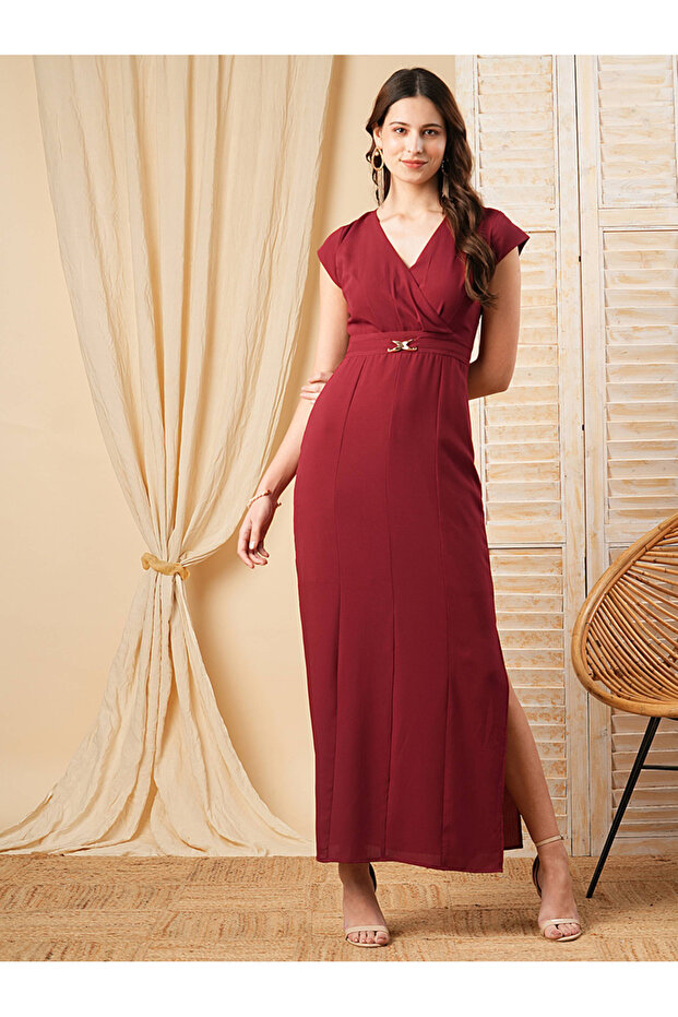 Surplice V Neck Maxi Dress with Buckle Accent
