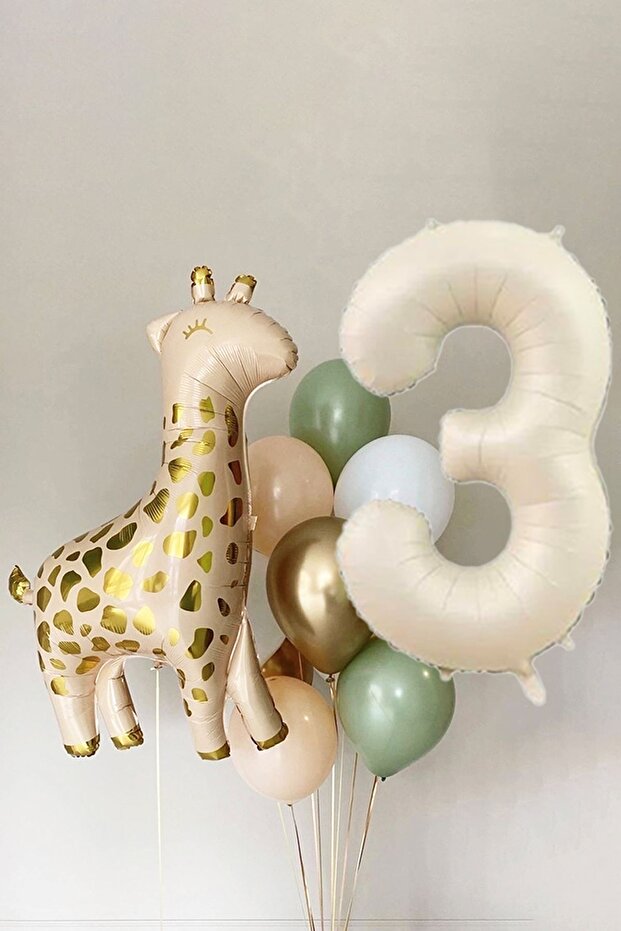 Giraffe Balloon Cream Age Balloon 15 Piece 3 Year Birthday Balloon Set