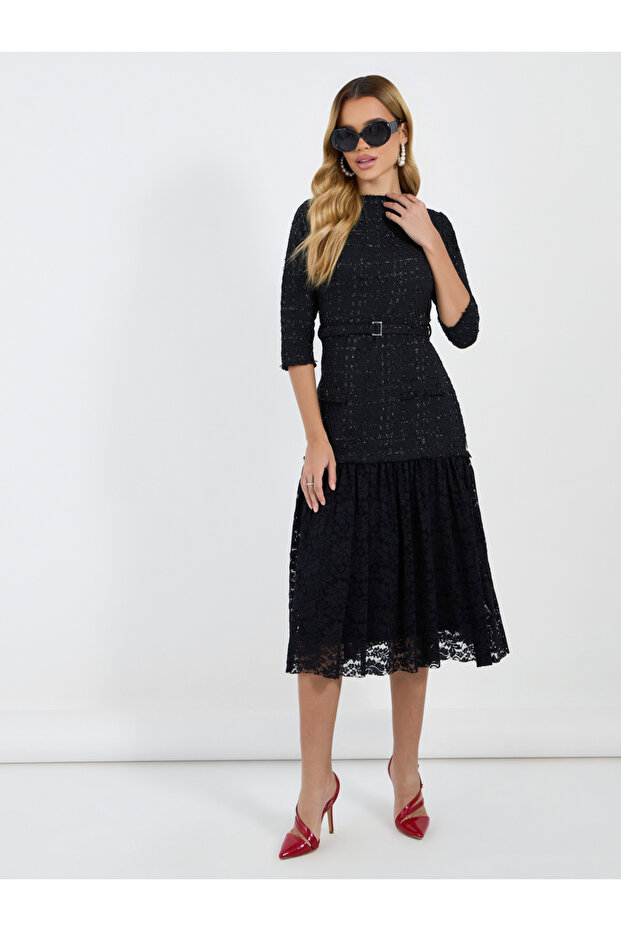 Lace Insert 3/4th Sleeves A-Line Midi Dress