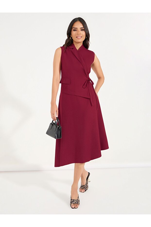 Plain Tie-Up Sleeveless Blazer Midi Dress