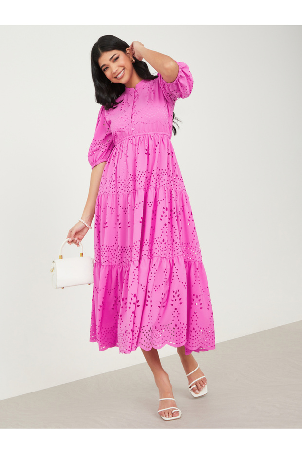 Cutwork Pattern A-Line Midi Dress with Cuffed Sleeve