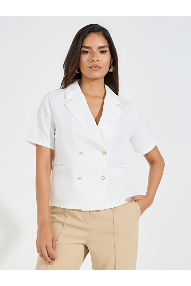 Notch Lapel Neck Blazer Look Top with Button Detail