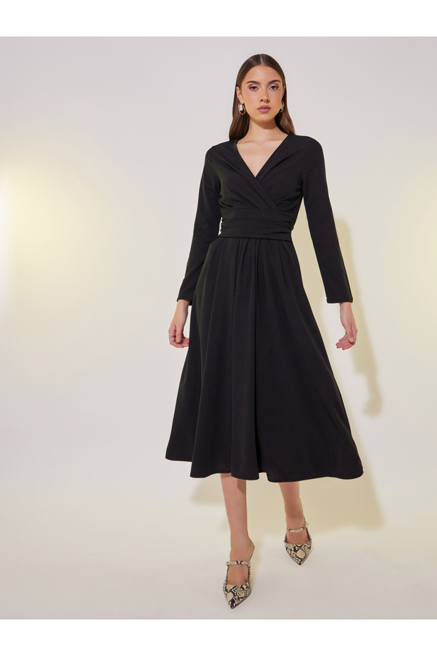 Solid Wrap Front Midi Dress with Tie-Up Back - 1