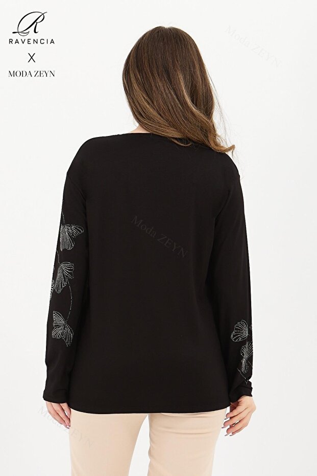 Black Viscose Blouse with Lycra for Middle-Aged and up - Gonca Leaf Pattern and Stone Embroidery - 5