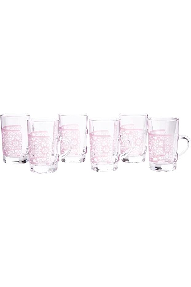 6Pcs Tea Glass W/Handle L(5CM) XW(5CM) XH(9CM) Clear, pink