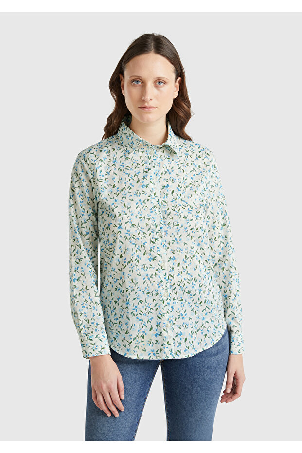 Women's Green 100% Cotton Patterned Cuffed Regular Fit Muslin Shirt