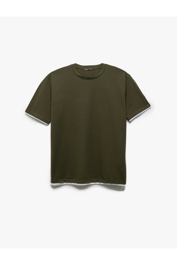 Crew Neck Regular Fit Color Contrast Detailed Pique Fabric Cotton Short Sleeve T-Shirt