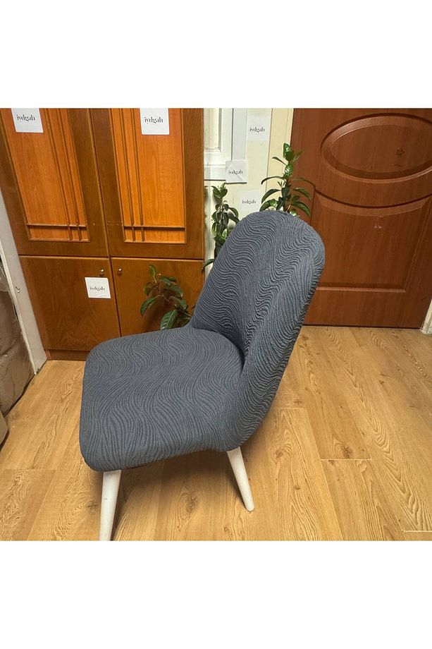 Lüks Jakarlı Su Yolu Desen Oval Sandalye Örtüsü. Lastikli Yuvarlak Sandalye Kılıfı 1.adet Antrasit - 3