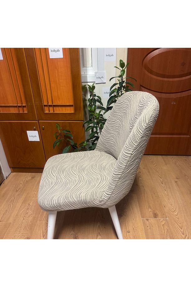 Lüks Jakarlı Su Yolu Desen Oval Sandalye Örtüsü. Lastikli Yuvarlak Sandalye Kılıfı 1.adet Vizon - 3