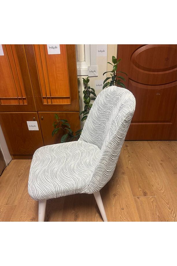 Lüks Jakarlı Su Yolu Desen Oval Sandalye Örtüsü. Lastikli Yuvarlak Sandalye Kılıfı 1.adet Taş Gri - 3