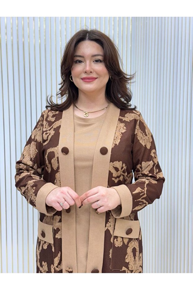 Floral Patterned Large Size 3-Piece Tunic Set - 2