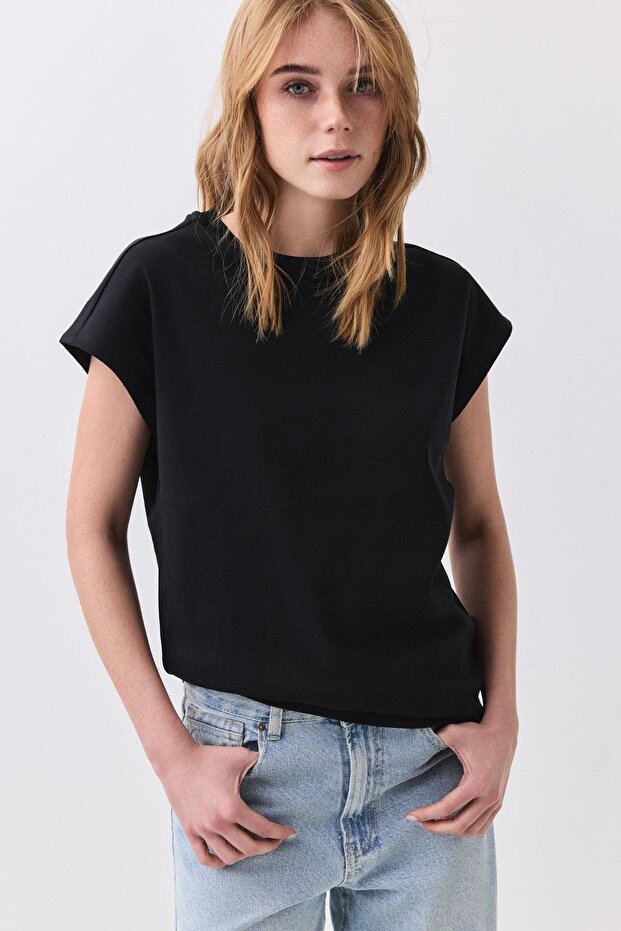 Kadın Karpuz Kol Basic Tshirt Siyah 5011 - 1